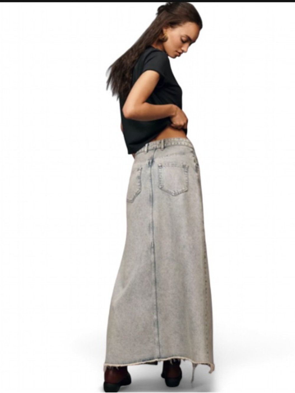 Pilcro The Madi Front Slit Denim Maxi Skirt Raw Hem Size 10 EU 42 - Picture 2 of 6